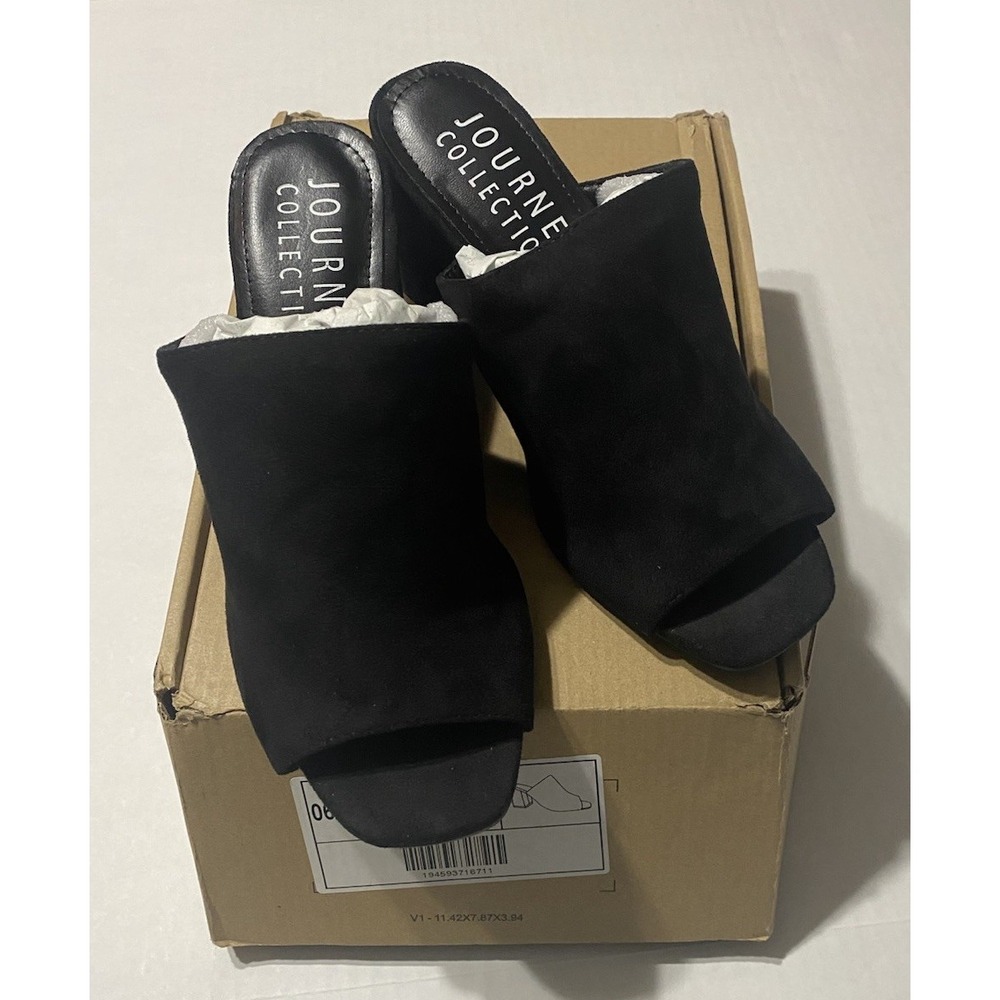 Journee Collection Adelaide Black Faux Suede Square Toe Block Heel Mules 6.5W